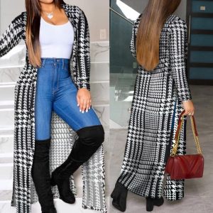 Longline Checked Printed Long Sleeve Cardigan for women