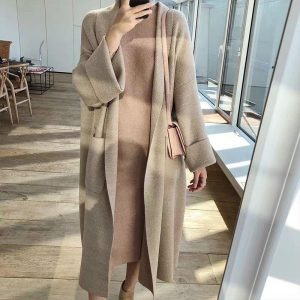 Longline Neutral Tone Block Pattern Cardigan